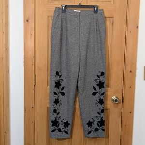 Talbot's Tweed Wool Blend Pants 14W Floral Applique Trousers Winter Preppy Comfy